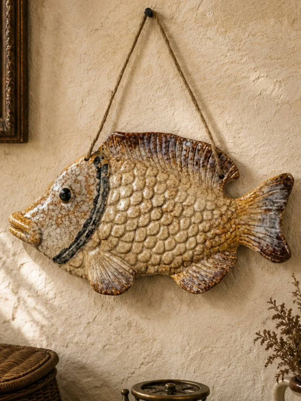 Vintage Hand Painted Fish Wall Hanging Coastal Folk Art Pottery Decor
